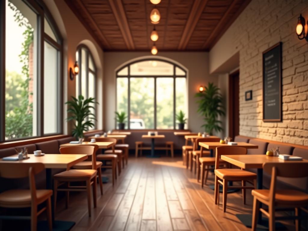 Eine gemütliche Sitzecke im Alpenbrise Café mit Holztischen und bequemen Stühlen.