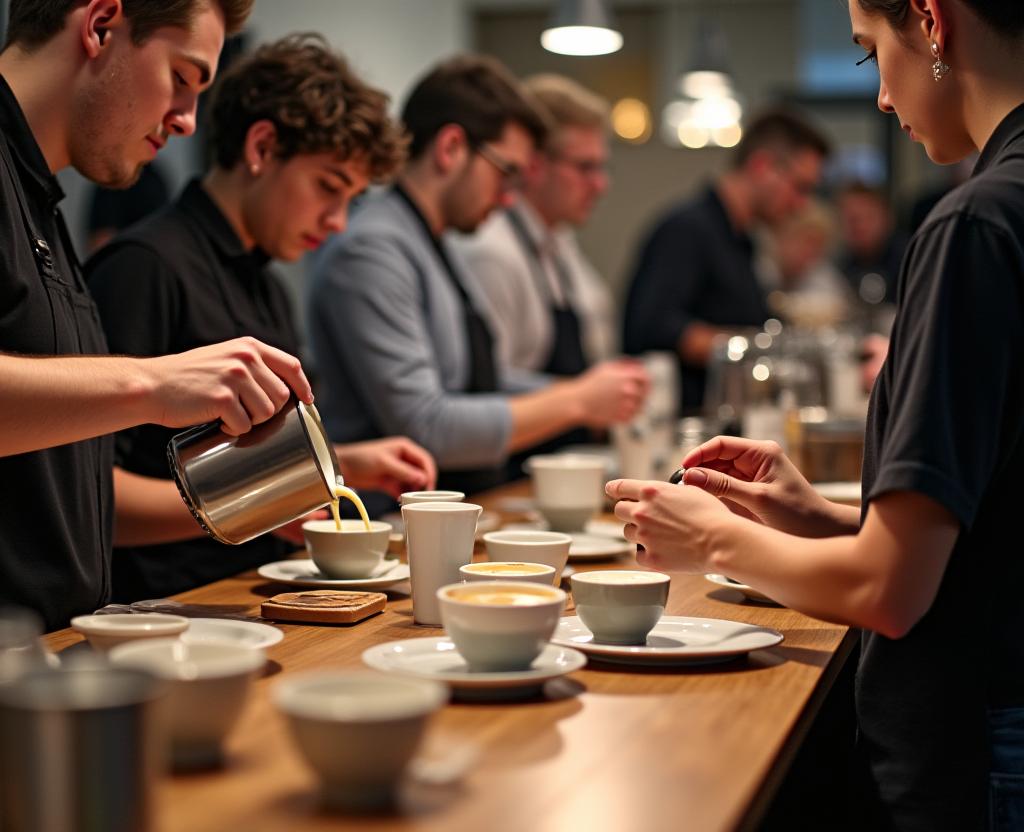 Teilnehmer eines Kaffee-Workshops lernen, wie man Latte Art giesst.