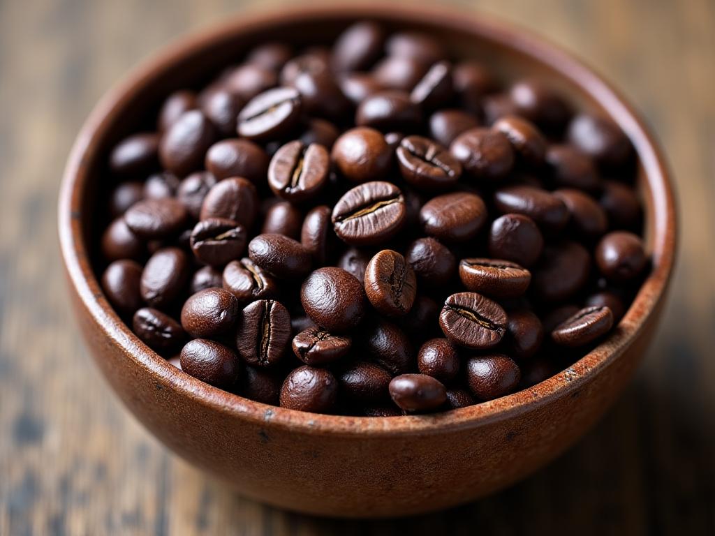 Nahaufnahme von aromatischen, frisch gerösteten Kaffeebohnen in einer Schale.