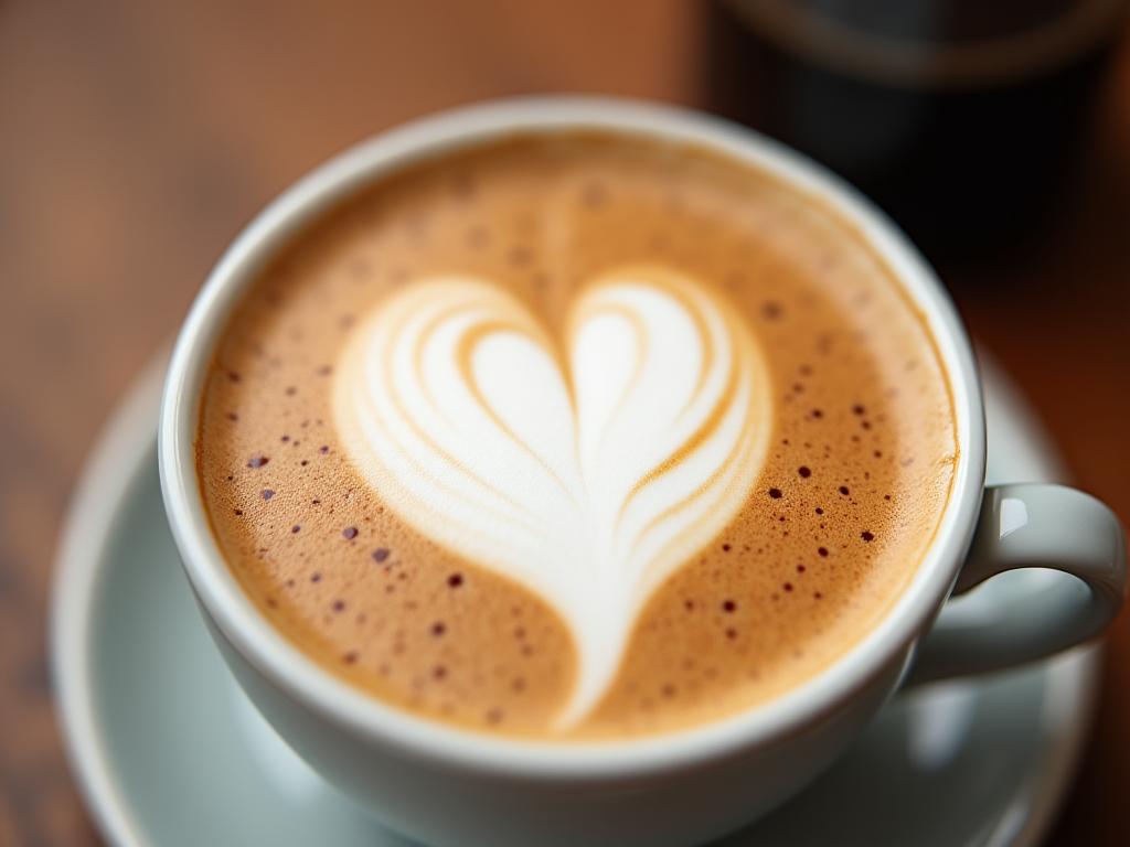 Nahaufnahme einer Tasse Cappuccino mit einem perfekt gegossenen Herz aus Milchschaum.