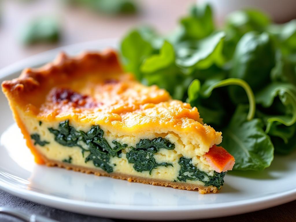 Ein Stück Lachs-Spinat-Quiche serviert mit einem frischen Beilagensalat.