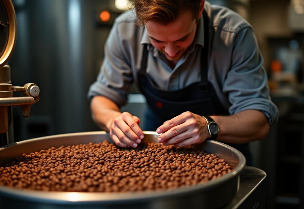 Ein Kaffeeröster prüft sorgfältig eine frische Charge Kaffeebohnen.
