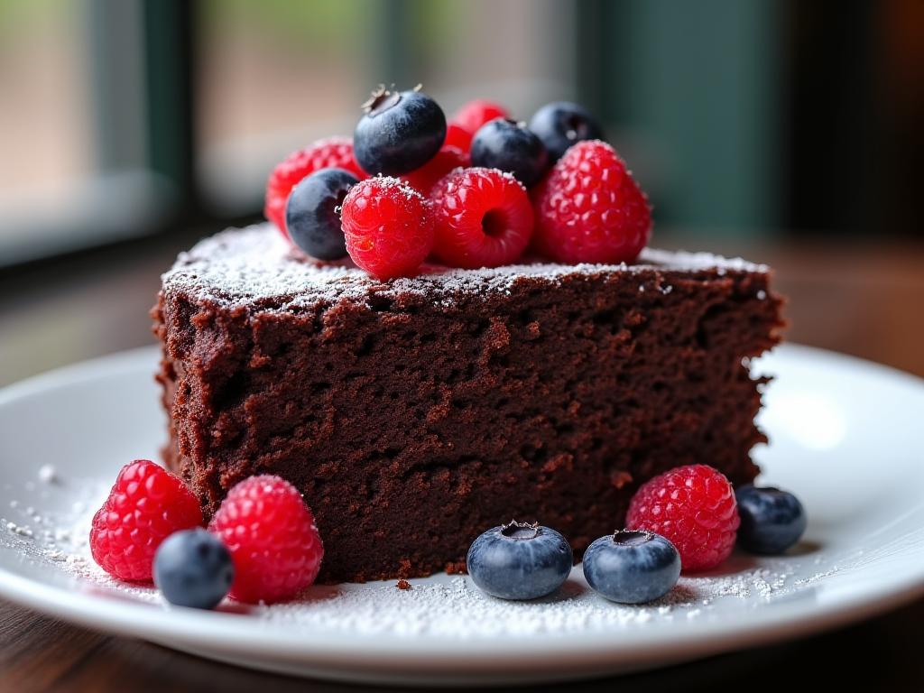 Ein Stück saftiger Schokoladenkuchen, garniert mit frischen Beeren und Puderzucker.