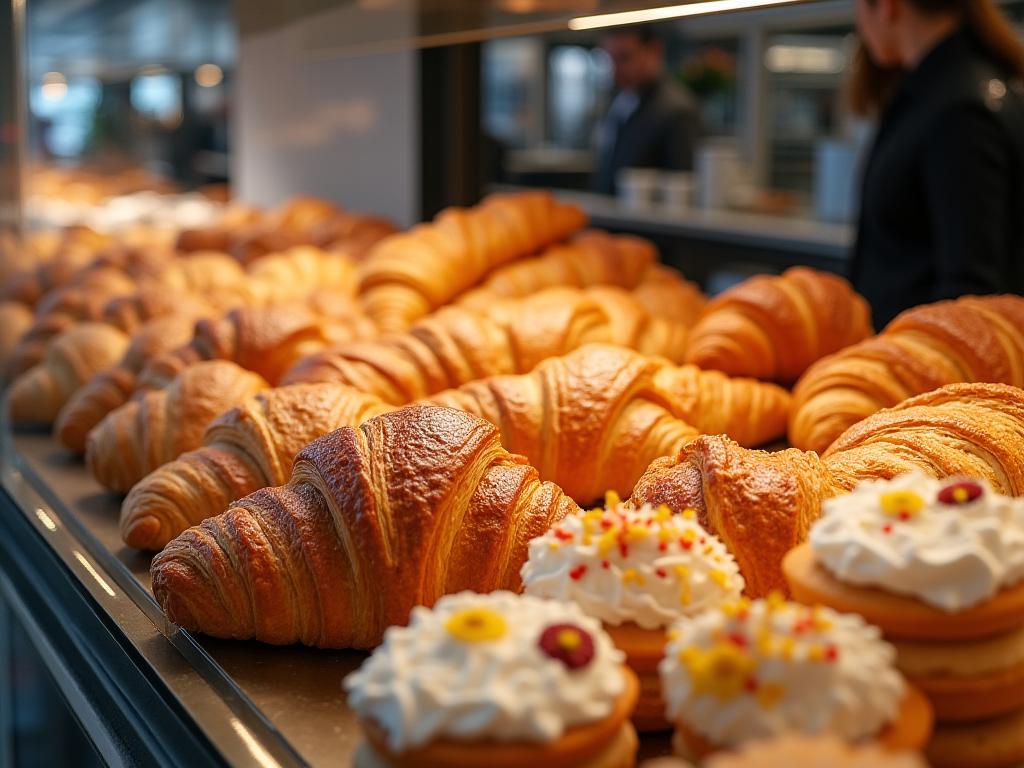 Die Theke des Cafés, reich gefüllt mit einer Auswahl an frischen Croissants und Kuchen.